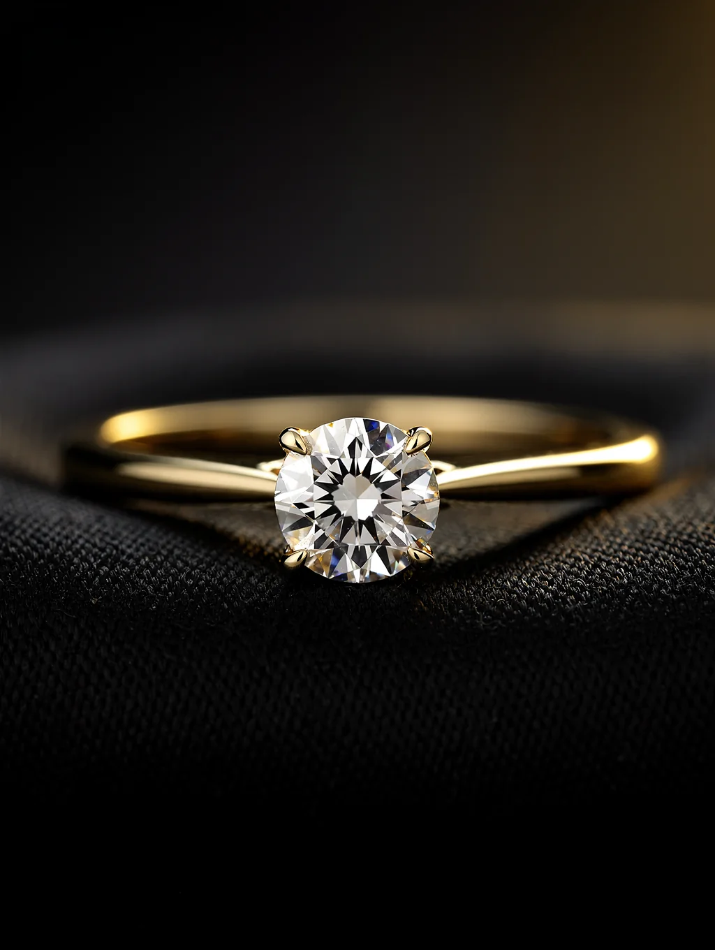 Solitaire diamond engagement ring on a warm limestone surface