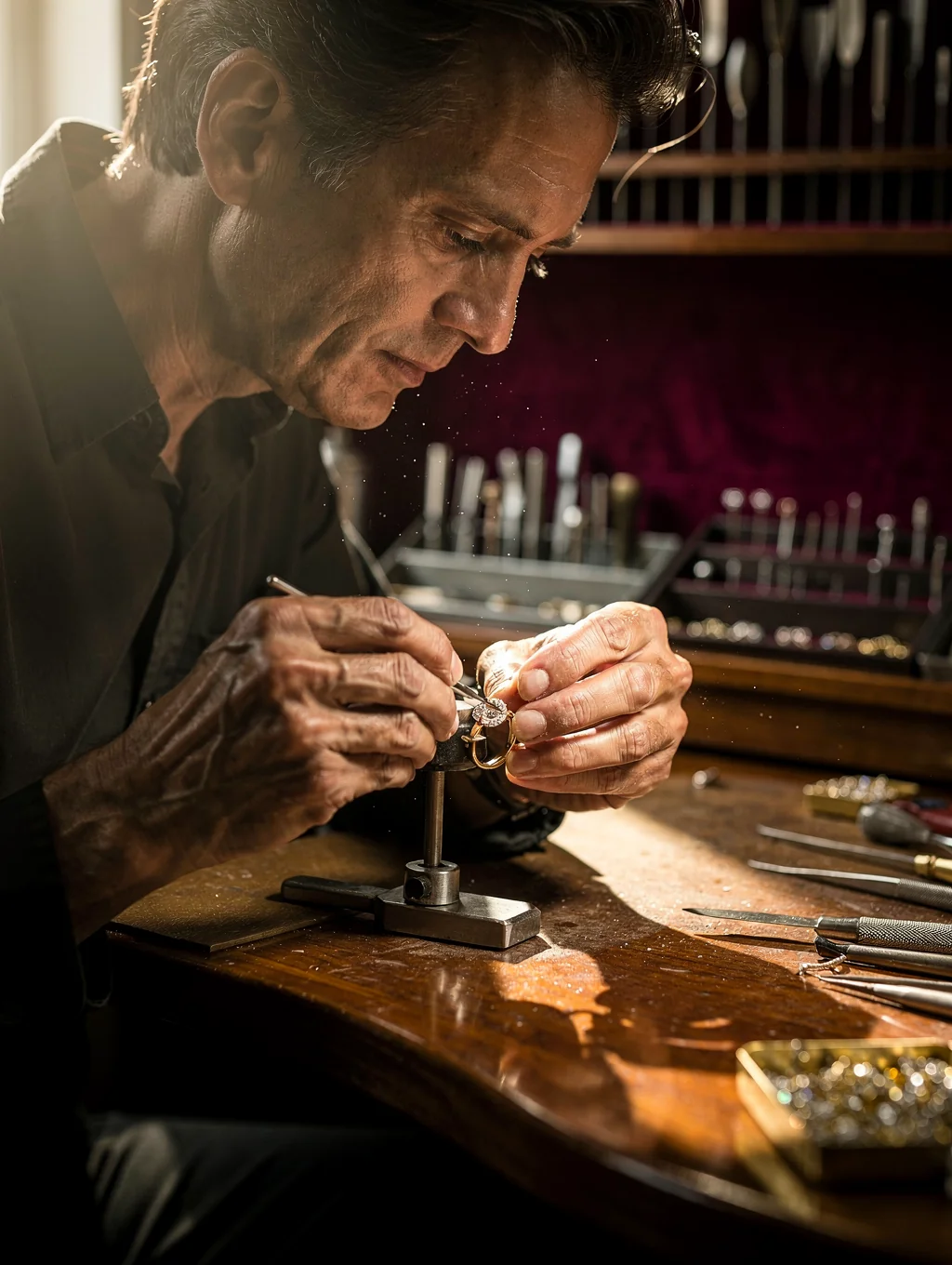 Master jeweler setting a diamond in a bespoke gold ring at our studio